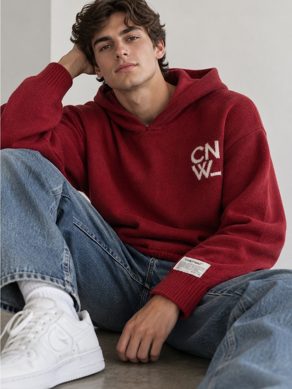 CANOTWAIT Red Hooded Knit Sweater Size 1 Medium Oversized Streetwear Logo Hoodie